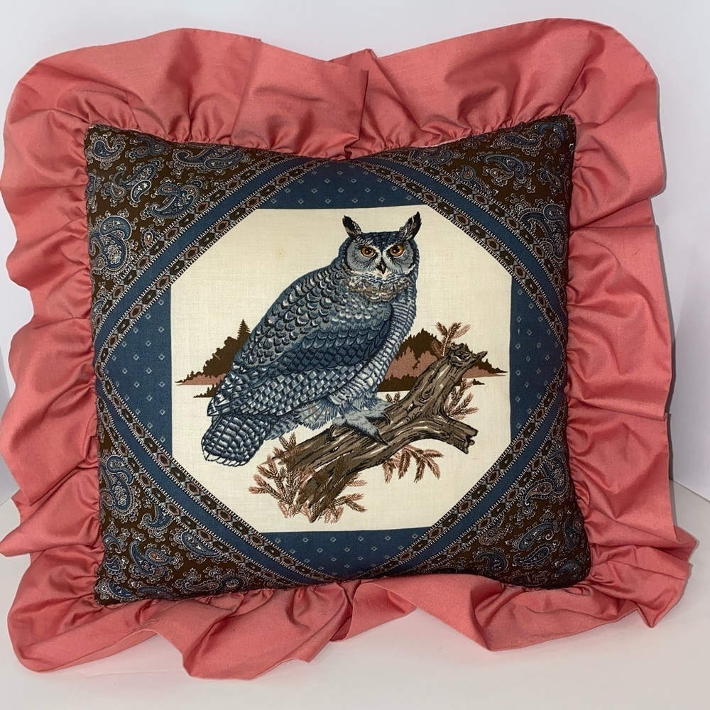 Vintage 3D Bird ~ Owl Design throw pillows 15” x 14” Country Decor Mauve & Blue - Picture 7 of 9
